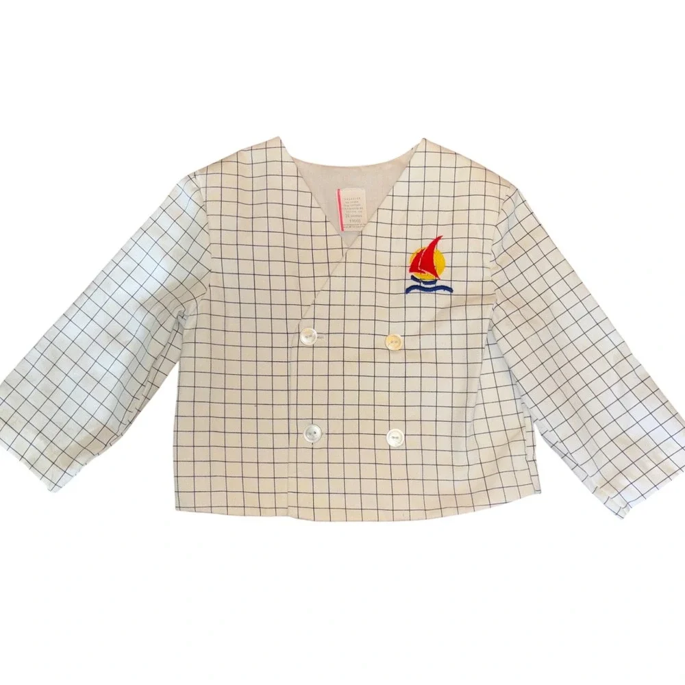 Kids/Baby Vintage Nautical Sailboat Grid Button Front Jacket Top | 24‎ Months